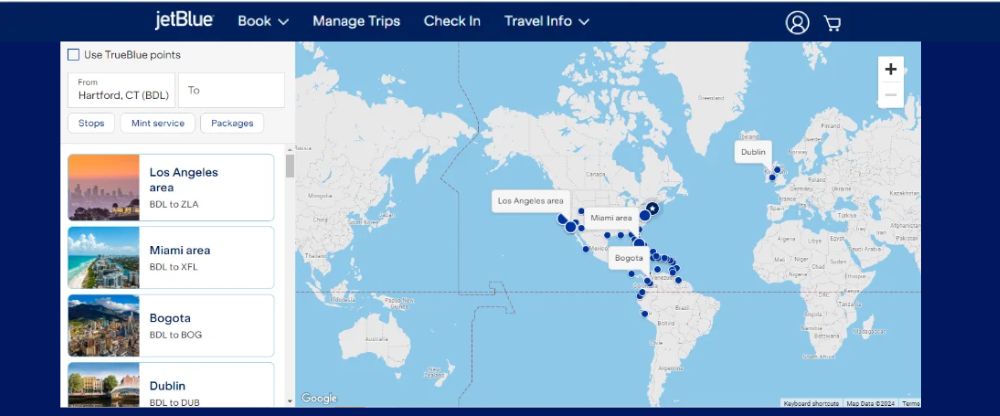 JetBlue BDL Destinations Map