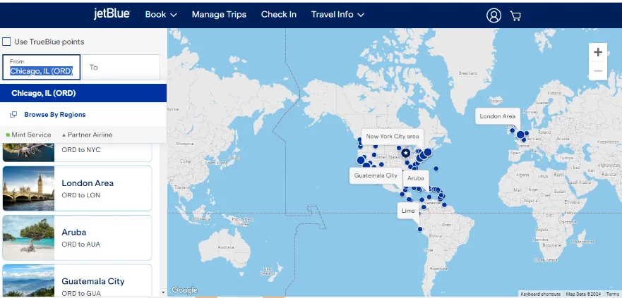 JetBlue Chicago Destinations Map