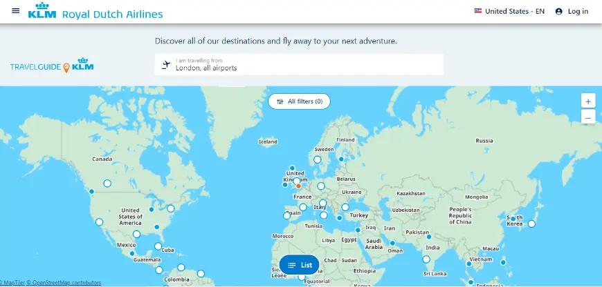 KLM Europe Destinations Map 