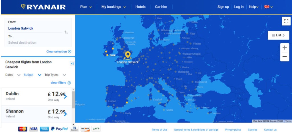 Ryanair Gatwick Destinations Map 